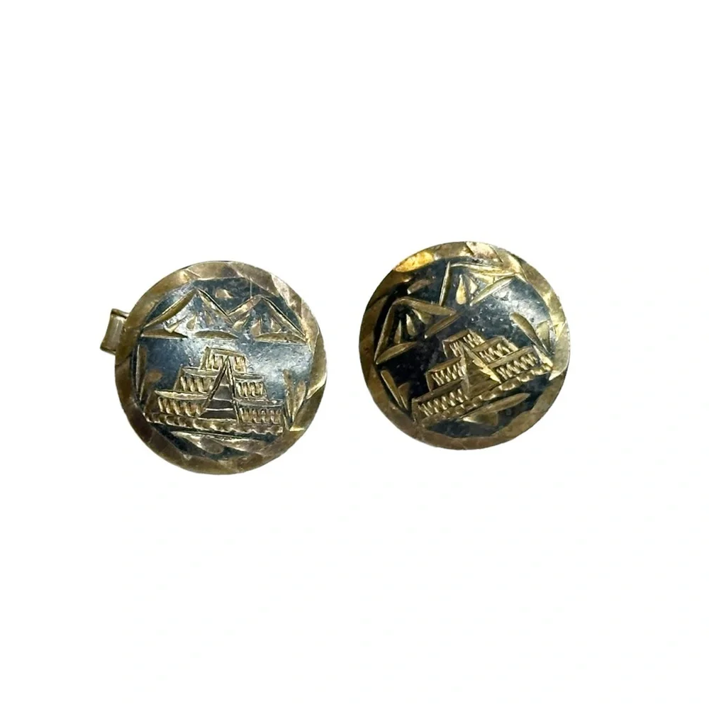Mexico 925 Vintage Aztec Mayan Temple Alpaca Engraved Cuff Links Sterling Silver